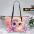 Cute baby owl with big eyes pink and purple colors leather tote bag