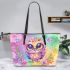 Cute baby owl with big eyes pink and purple colors leather tote bag