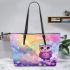 Cute baby owl with heart shaped eyes leather tote bag