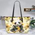 Cute baby panda with sunflowers leather tote bag