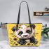 Cute baby panda with sunflowers on a yellow leather tote bag