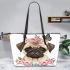Cute baby pug dog with pink roses leather tote bag