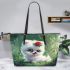 Cute baby white pomeranian with blue eyes leather tote bag