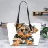 Cute baby yorkshire terrier portrait clipart leather tote bag