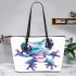 Cute blue and pink colored alien frog with big eyes leaather tote bag