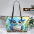 Cute blue owl with big eyes cartoon style leather tote bag