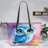 Cute blue owl with big eyes cartoon style leather tote bag