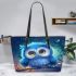 Cute blue owl with big eyes cartoon style leather tote bag