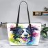 Cute border collie dog in colorful ink wash style leather tote bag