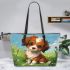 Cute brown and white puppy is sitting on the grass leather tote bag