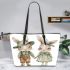 Cute bunny couple holding hands leather tote bag