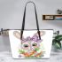 Cute bunny with big eyes and a purple bow leather tote bag