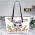 Cute bunny with big eyes and purple bow leather tote bag