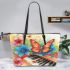 cute butterfly and music notes with piano Leather Tote Bag