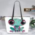 Cute cartoon alien frog with big eyes leaather tote bag