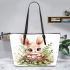 Cute cartoon baby bunny with big eyes sitting leather tote bag