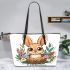 Cute cartoon baby bunny with big eyes sitting leather tote bag