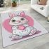 Cute cartoon bunny with a pink bow holding a heart area rugs carpet