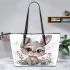 Cute cartoon bunny with big eyes and flowers leather tote bag