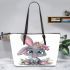 Cute cartoon bunny with big eyes and flowers leather tote bag