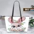 Cute cartoon bunny with big eyes and flowers leather tote bag