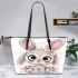 Cute cartoon bunny with big eyes and flowers leather tote bag