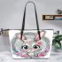 Cute cartoon bunny with big eyes and flowers leather tote bag