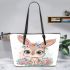 Cute cartoon bunny with big eyes sitting on the flowers leather tote bag