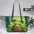 Cute cartoon frog sitting on a tree stump with big eyes leaather tote bag