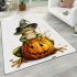 Cute cartoon frog wearing a witch hat sitting on a pumpkin area rugs carpet