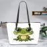 Cute cartoon frog with big eyes leaather tote bag