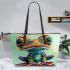 Cute cartoon frog with big eyes leaather tote bag