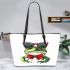 Cute cartoon green frog wearing sunglasses leaather tote bag