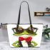 Cute cartoon green frog wearing sunglasses leaather tote bag