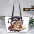 Cute cartoon owl wearing glasses and graduation hat leather tote bag