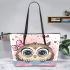 Cute cartoon owl with a pink bow on its head leather tote bag