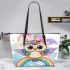 Cute cartoon owl with big eyes wearing a colorful leather tote bag