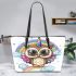 Cute cartoon owl with big eyes wearing a colorful leather tote bag