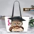 Cute cartoon owl with glasses and graduation hat holding book leather tote bag