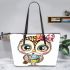 Cute cartoon owl with leopard headband and colorful cupcake leather tote bag