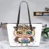 Cute cartoon owl with leopard headband and colorful cupcake leather tote bag