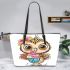 Cute cartoon owl with leopard headband holding leather tote bag