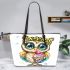Cute cartoon owl with leopard headband holding leather tote bag