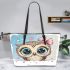 Cute cartoon owl with pink bow on head leather tote bag