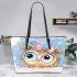 Cute cartoon owl with pink bow on head leather tote bag