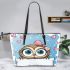 Cute cartoon owl with pink bow on head leather tote bag