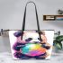 Cute cartoon panda bear holding a rainbow colored leather tote bag