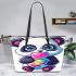 Cute cartoon panda holding a colorful bubble leather tote bag