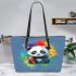 Cute cartoon panda in the style of rainbow paint splash leather tote bag