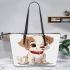 Cute cartoon puppy sitting with red collar leather tote bag